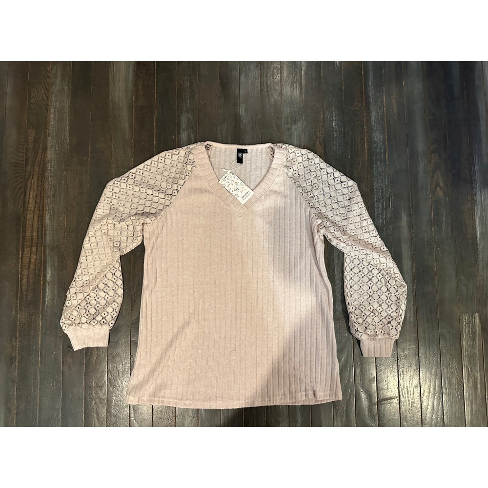 Automet Beige Ribbed Knit V-Neck Top with Lace Raglan Long Sleeves NWT Size L